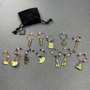 Cooking Club of America Brass Kitchen Wine Glass Charms Set of 12 with Pouch